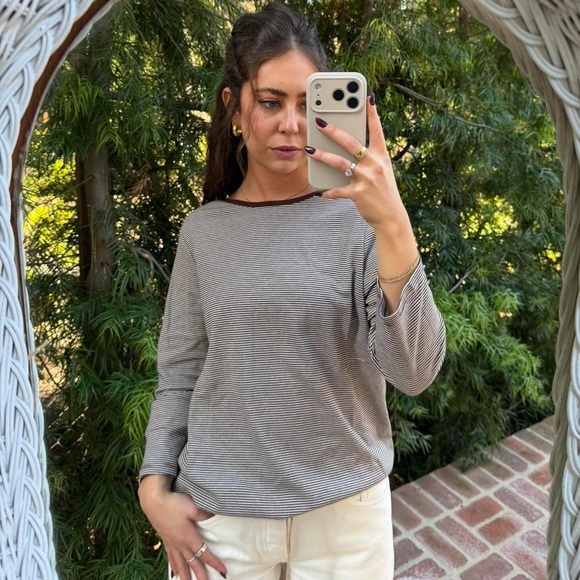 Y2K brown striped oversized 3/4 sleeve t-shirt / size s-L - Picture 2 of 6